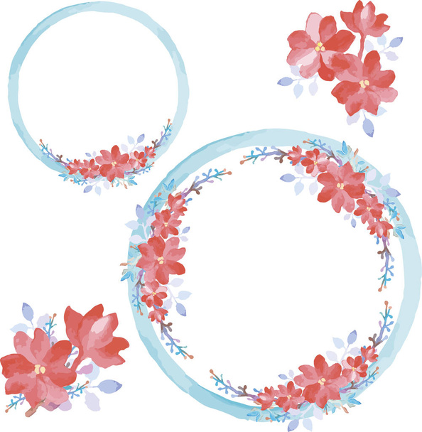 Arreglo floral vectorial, flores de acuarela, dibujo de puntas rojas y ramitas azules
 - Vector, Imagen
