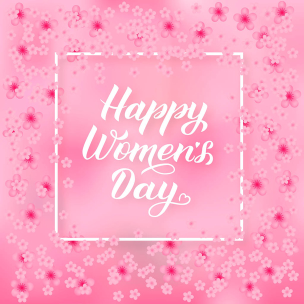 Happy Womens Day calligraphy lettering on soft pink background with spring flowers. International womans day vector illustration. Easy to edit template for party invitations, greeting cards, etc. - Wektor, obraz