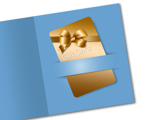 hier ist eine Geschenkkarte für den Einzelhandel, die goldfarben mit einem goldenen Bogen-Design ist. Es ist auf blauem Hintergrund. Dies ist eine Illustration. - Foto, Bild