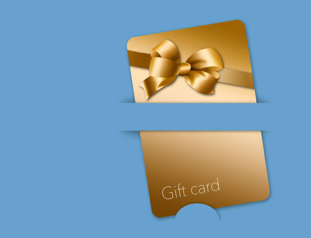 Voici une carte cadeau de vente au détail qui est de couleur or avec un design d'arc en or. C'est sur un fond bleu. Ceci est une illustration
. - Photo, image