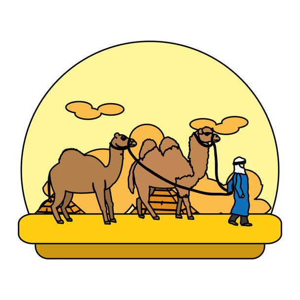 hombre de color con dromedario y camello en el desierto vector de paisaje ilustración
 - Vector, Imagen