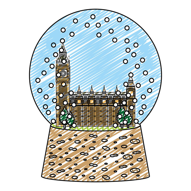 doodle london clock tower inside snow glass vector illustration - Vector, Image