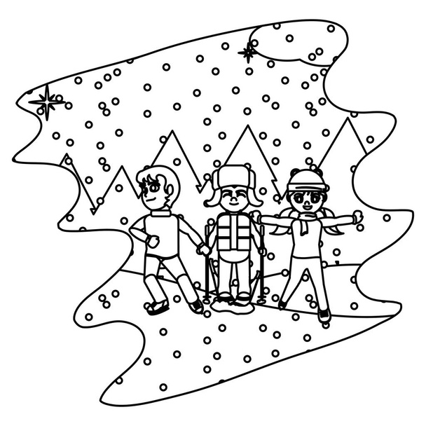 Linienkinder spielen im Vektorbild für Schnee und Winterwetter - Vektor, Bild