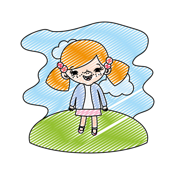 Doodle παιδί κορίτσι με δύο ουρές στην εικόνα διάνυσμα τοπίο - Διάνυσμα, εικόνα
