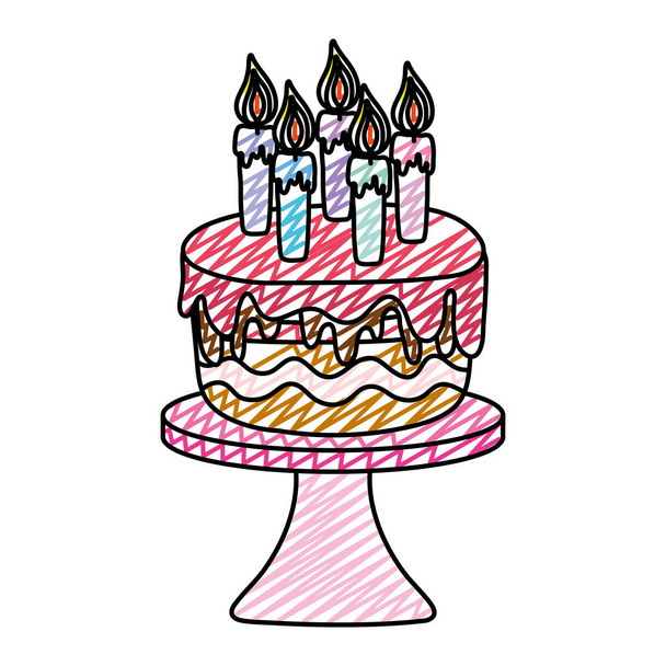 griffonner délicieux gâteau avec des bougies brûlantes dans l'illustration vectorielle de table
 - Vecteur, image