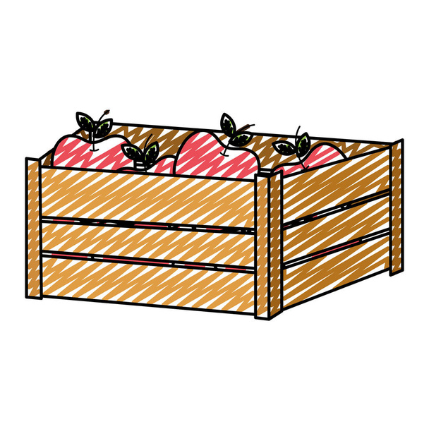 Doodle köstliche Äpfel Früchte in Holz Box Vektor Illustration - Vektor, Bild