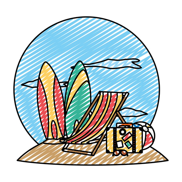 Doodle ιστιοσανίδες με καρέκλα παραλία και ταξιδεύουν σακίδιο εικονογράφηση διάνυσμα - Διάνυσμα, εικόνα
