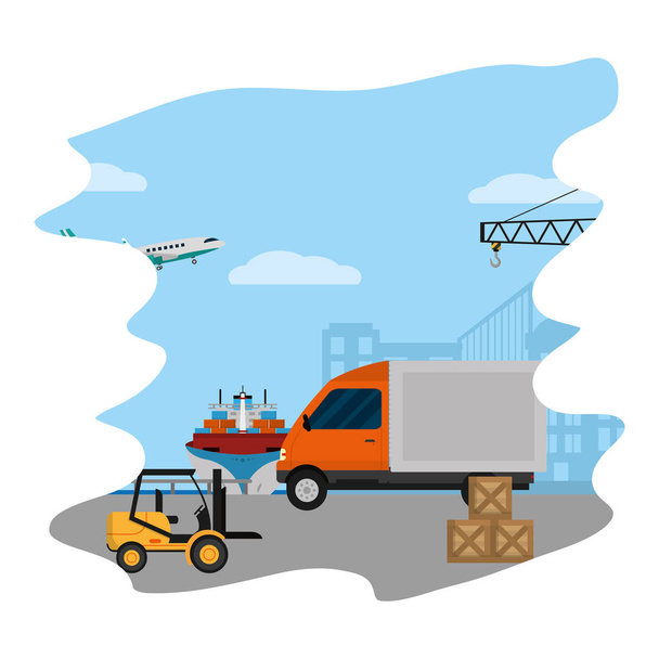 delivery service transportation and pulleys construction vector illustration - Vector, Image