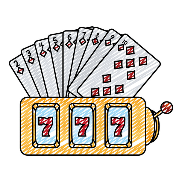 Doodle-Diamanten-Karten und Casino-Spielautomaten-Vektorillustration - Vektor, Bild