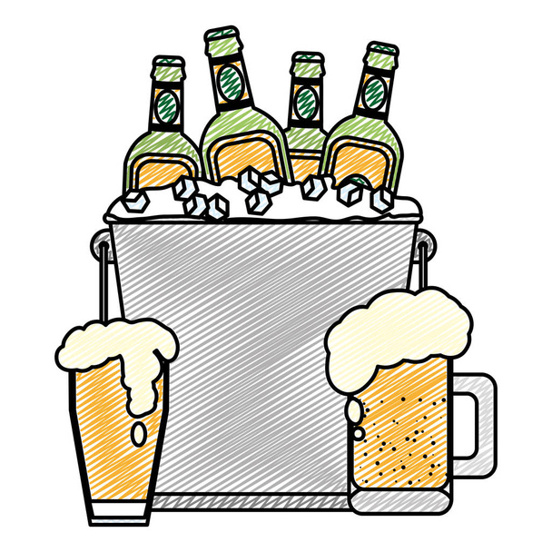 Doodle μπουκάλι μπύρας με παγάκια μέσα σε κάδο εικονογράφηση διάνυσμα - Διάνυσμα, εικόνα