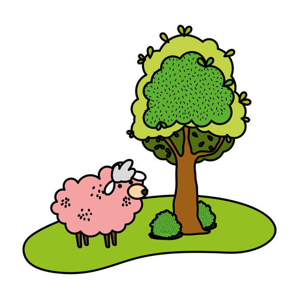 color cute sheep farm animal next to tree vector illustration - Vector, Image