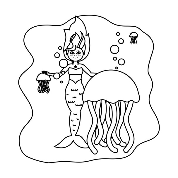γραμμή αρκετά σειρήνα γυναίκα με jellyfishes εικονογράφηση διάνυσμα ζώων - Διάνυσμα, εικόνα