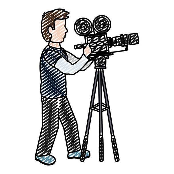 doodle professional cameraman with camcorder digital equipment vector illustration - Vector, Image