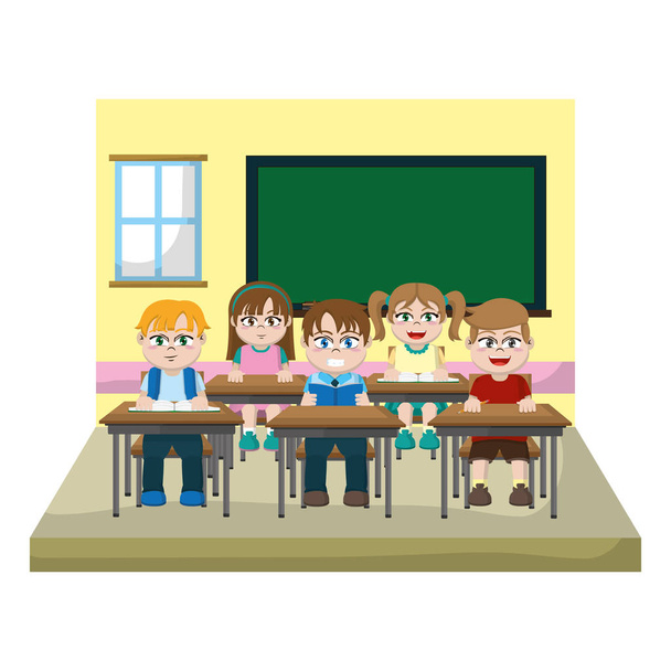 alunos agradáveis crianças no quadro negro e ilustração vetor de sala de aula
 - Vetor, Imagem