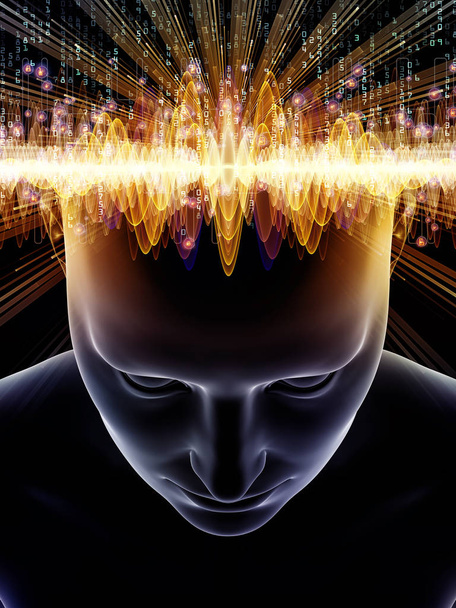 Серия Mind Waves. Фон состоит из трехмерной иллюстрации человеческой головы и технологических символов и подходит для использования в проектах по сознанию, мозгу, интеллекту и искусственному интеллекту
 - Фото, изображение