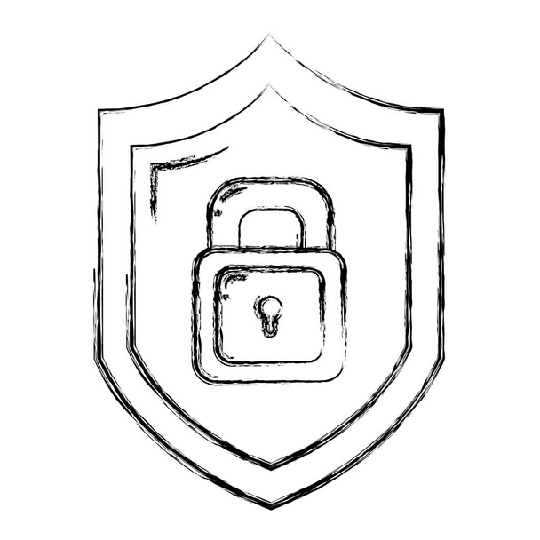 grunge security shield and padlock protection symbol vector illustration - Vector, Image