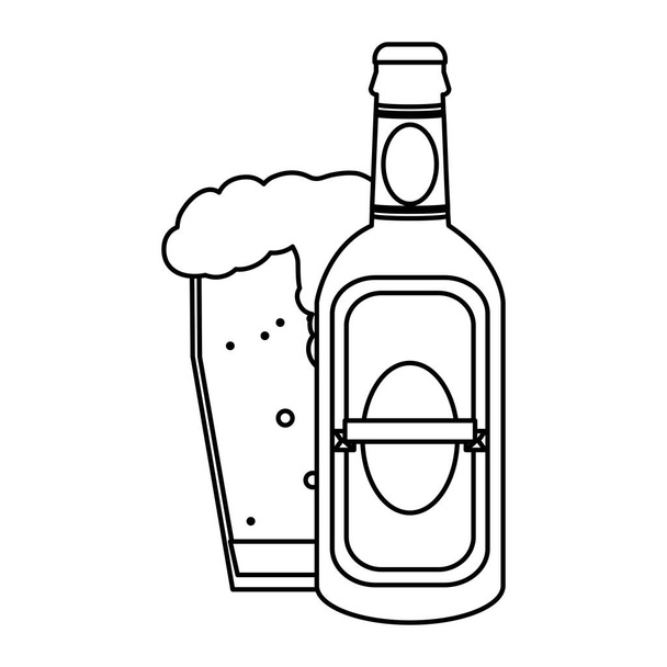 line liquor schnapps bottle and beer glass vector illustration - Vector, Image