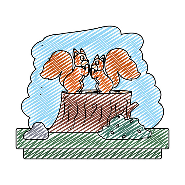 doodle couple chipmunk wild animal reserve vector illustration - Vector, Image