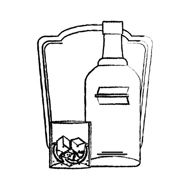 grunge vodka liquor bottle and glass with lemon emblem vector illustration - Vector, Image