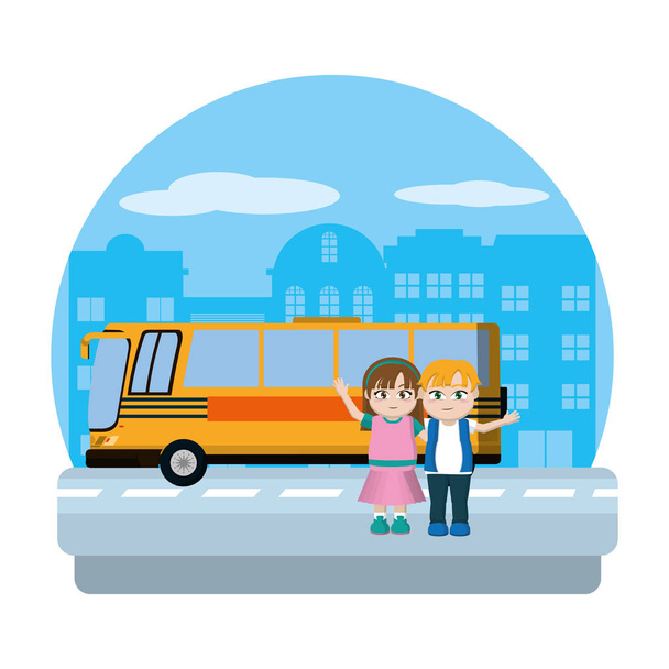 niños con autobús escolar e ilustración vectorial de la ciudad
 - Vector, Imagen