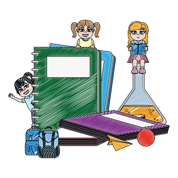 doodle happy girls students with school utensils vector illustration - Vector, Image