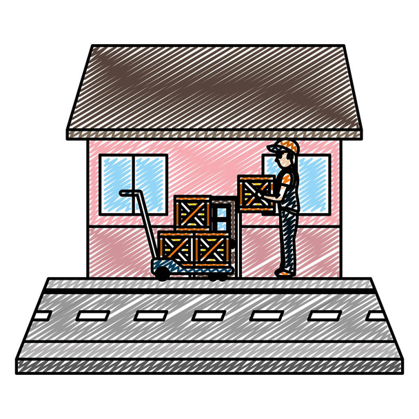 Doodle ο άνθρωπος παράδοσης με πλατφόρμα τρόλεϊ και πακέτα διανυσματικά εικονογράφηση - Διάνυσμα, εικόνα