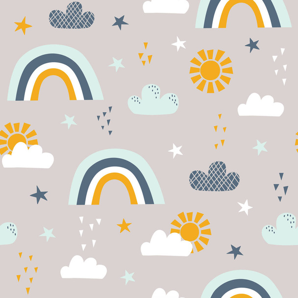 Modello infantile senza cuciture con sole, arcobaleno, nuvole e stelle. Illustrazione vettoriale. Uso per tessile, stampa, design superficiale, abbigliamento moda bambini
 - Vettoriali, immagini