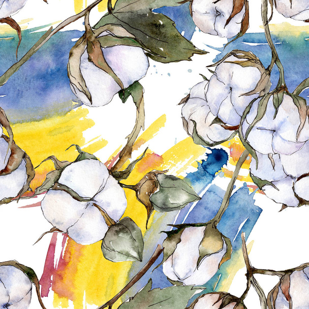 White cotton floral botanical flower. Watercolor background illustration set. Seamless background pattern. - Fotografie, Obrázek