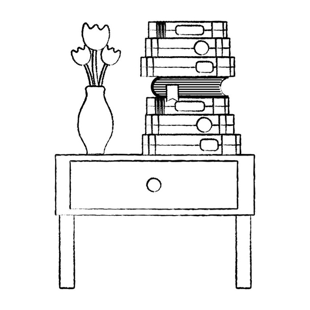 grunge könyvek és a virág váza a táblázat végén vektoros illusztráció - Vektor, kép