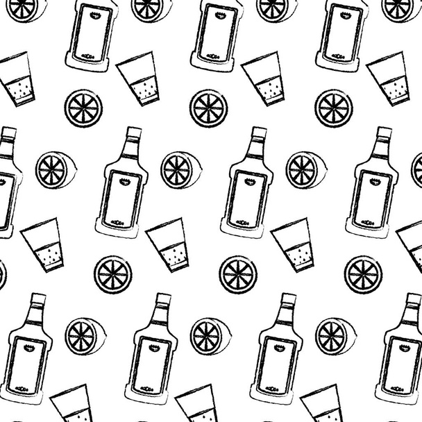 bouteille de tequila grunge et verre de champagne avec illustration vectorielle de fond de citron
 - Vecteur, image