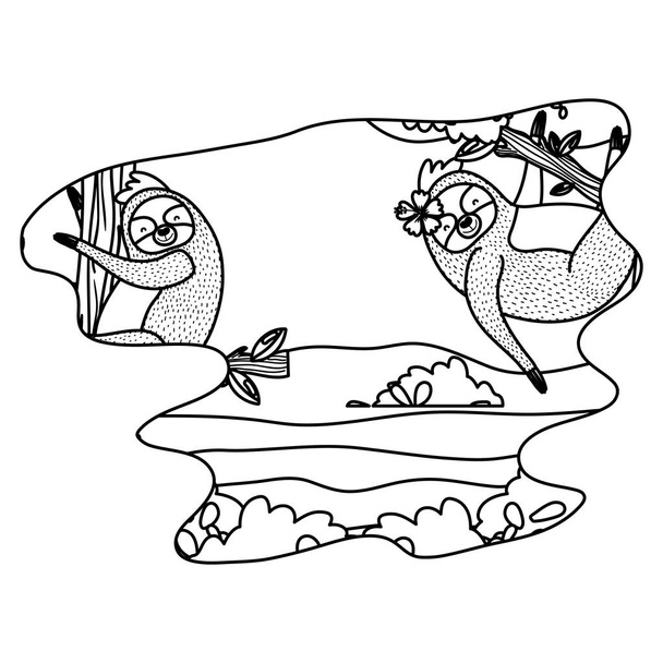 línea agradable perezosos animales salvajes en la selva vector ilustración
 - Vector, imagen