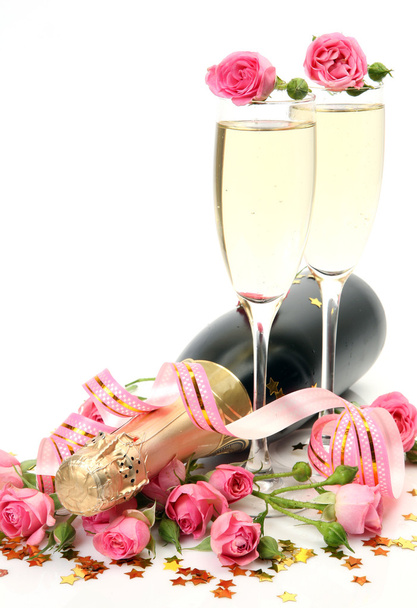 Champagne and pink roses - Foto, Imagen