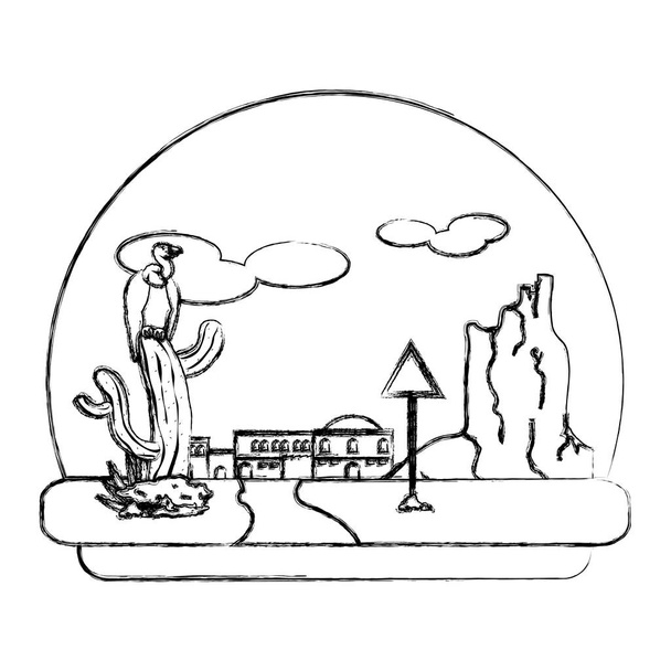 buitre grunge en cactus y desierto de la ciudad con ilustración de vector emblema aviso
 - Vector, Imagen