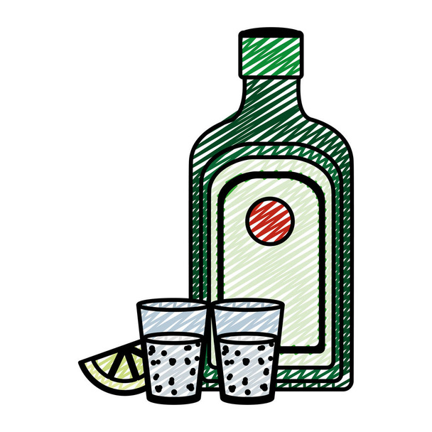 doodle hard liquor bottle and glass beverage with lemon vector illustration - Vector, Image