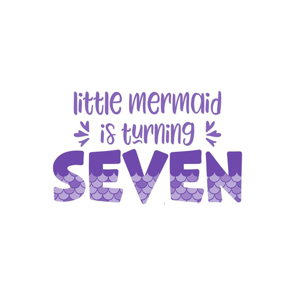 Zevende verjaardag voor klein meisje met zeemeermin schalen vectorillustratie. Schattig woord zeven met zeemeermin schalen met glitter effect. - Vector, afbeelding