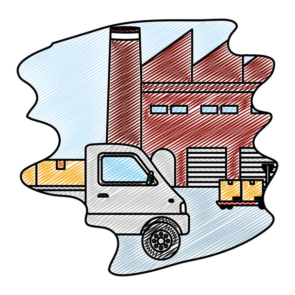 piattaforma doodle e camion con scatole nell'illustrazione vettoriale del negozio di consegna
 - Vettoriali, immagini