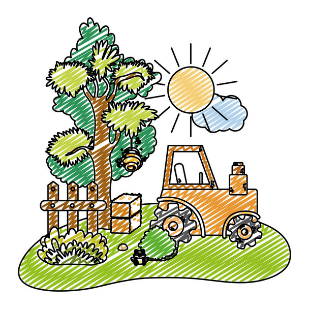 doodle agrimotor tractor with farm straw bale vector illustration - Vector, Image