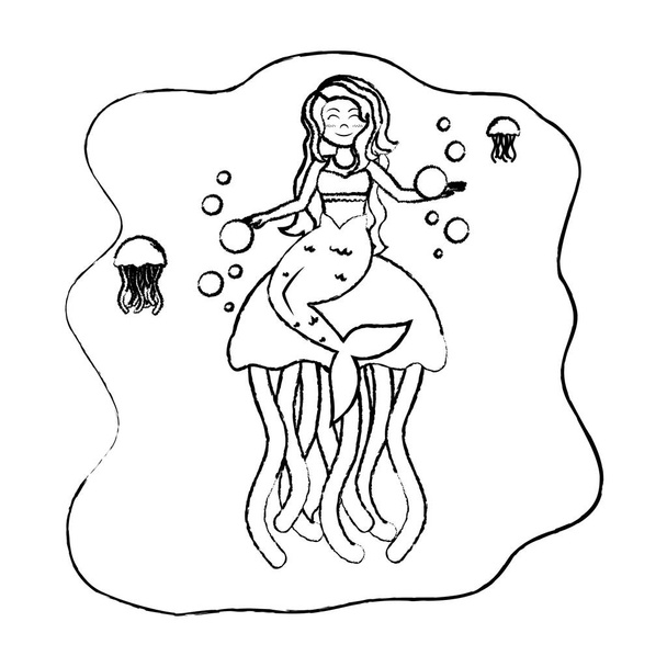 grunge linda sirena mujer con medusas animales vector ilustración
 - Vector, imagen