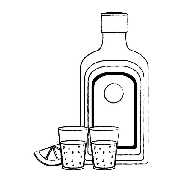 Grunge-Hard-Spirituosenflasche und Glasgetränk mit Zitronenvektorillustration - Vektor, Bild