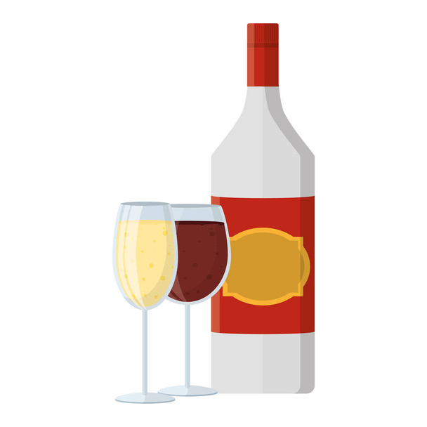 schnapps liquor bottle with champagne and brandy glass vector illustration - Vector, Image