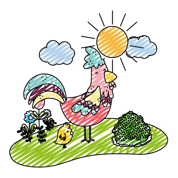 garabato agradable gallina con pollo granja animales vector ilustración
 - Vector, Imagen