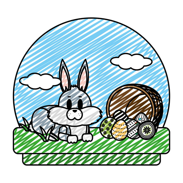 doodle rabbit lying and hamper with eggs easter vector illustration - Vector, Image