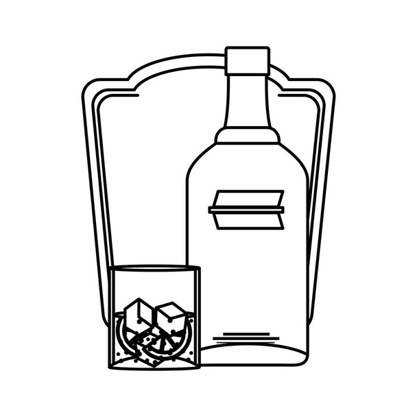 line vodka liquor bottle and glass with lemon emblem vector illustration - Vector, Image