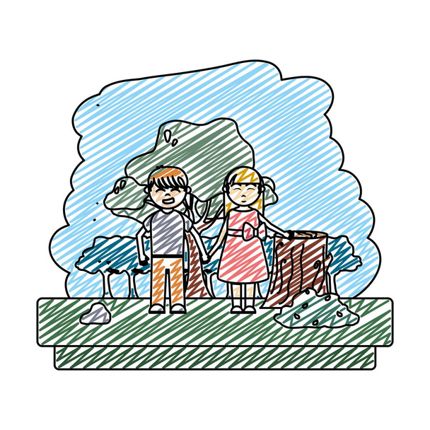Doodle chlapec a dívka v lese na ekologii rezervní vektorové ilustrace - Vektor, obrázek