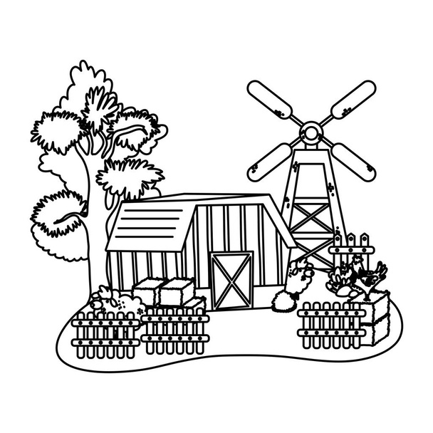 line house farm with wood grillage and sheeps vector illustration - Vector, Image