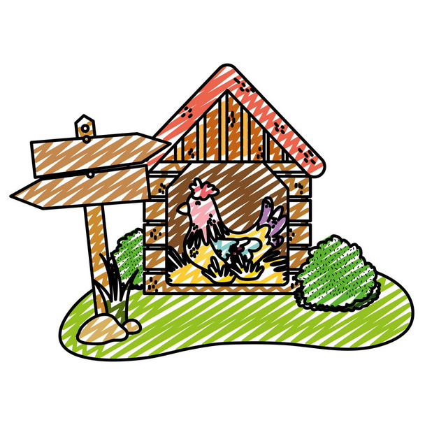 Doodle tavuk çiftlik hayvanı vektör çizim döşeme evin içinde - Vektör, Görsel
