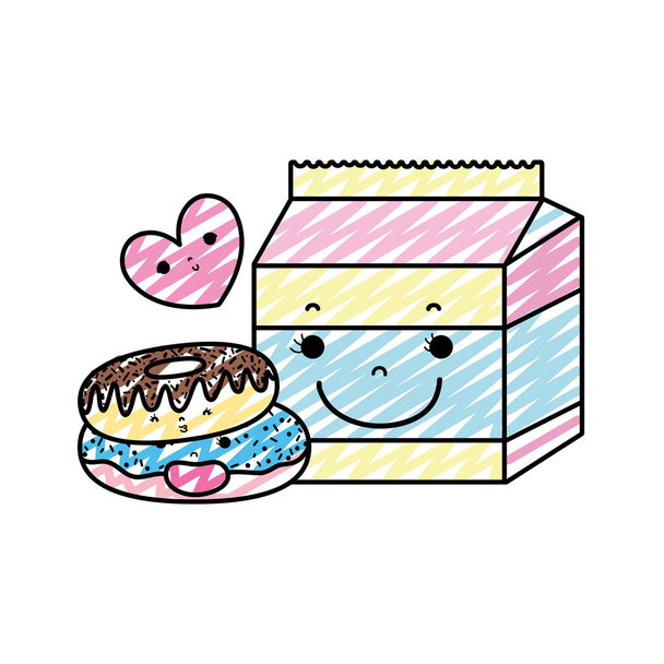 doodle kawaii donuts with milk box and heart vector illustration - Vector, Image