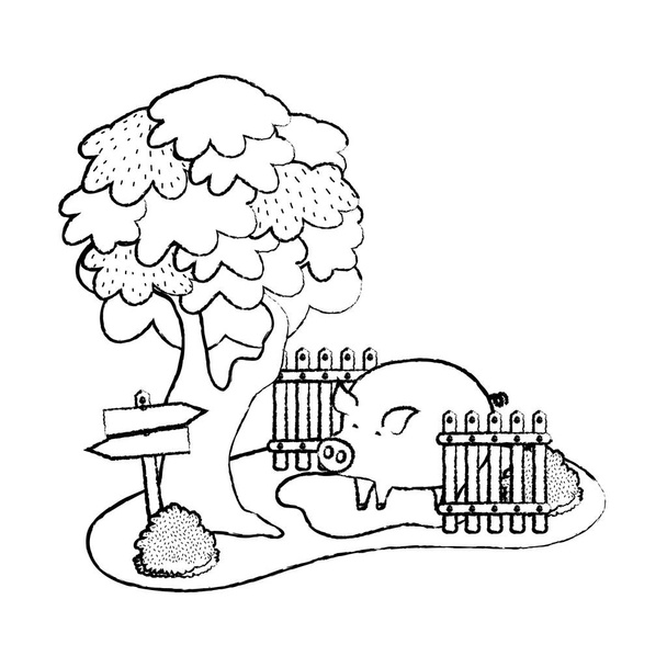 Grunge varken landbouwhuisdieren in het moeras met houten grillage vectorillustratie - Vector, afbeelding