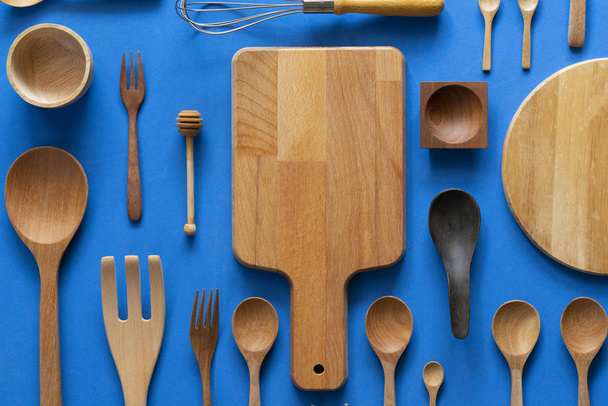 kitchen utensils for cooking on the blue background, food prepare concept - Foto, Bild
