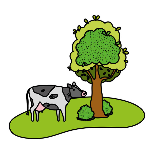 color cute cow farm animal next to tree vector illustration - Vector, Image